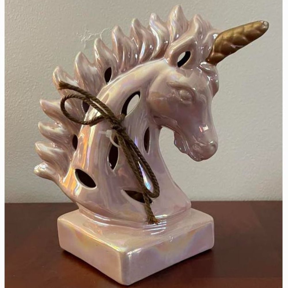 Iridescent Pink Glazed Ceramic Unicorn Figurine, 7" Tall